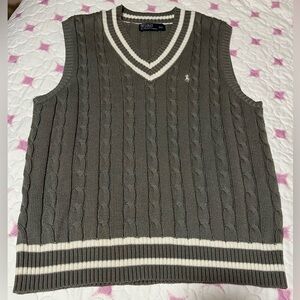 VTG Polo Ralph Lauren Gray and White V-Neck Cable Knit Sweater Vest Men’s 2XL